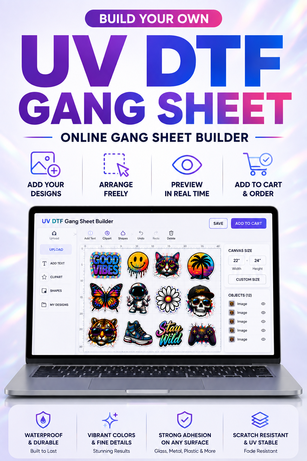 22” Custom UV DTF Gang Sheet, Online DTF Gang Sheet Builder