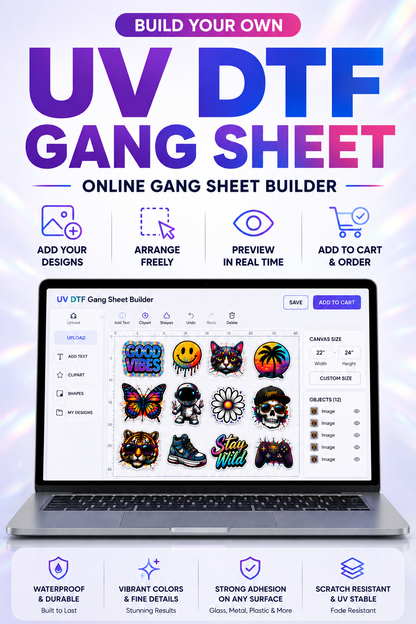 22” Custom UV DTF Gang Sheet, Online DTF Gang Sheet Builder